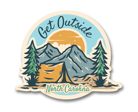 Round sticker with the words "Get Outside" and "North Carolina" inscribed onto it, along with an outdoors scene of pine trees, mountains and a tent.